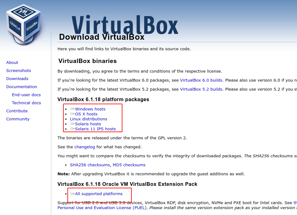 VirtualBox Download page